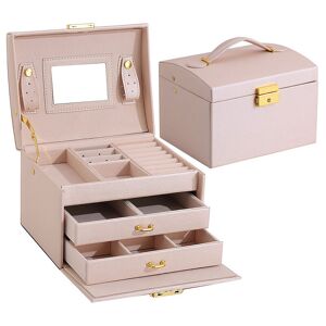 RHAFAYRE 3 Tier Jewelry Box with Mirror, Pu Leather Lockable Jewelry Box for Necklaces, Rings and Bracelets, Pink