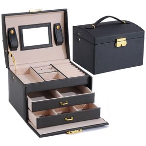 Rhafayre - 3 Tier Jewelry Box with Mirror, Pu Leather Lockable Jewelry Box for Necklaces, Rings and Bracelets, Black