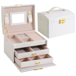 Rhafayre - 3 Tier Jewelry Box with Mirror, Pu Leather Lockable Jewelry Box for Necklaces, Rings and Bracelets, White