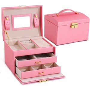 3 Tier Jewelry Box with Mirror, Pu Leather Lockable Jewelry Box for Necklaces, Rings and Bracelets, Red - Rhafayre