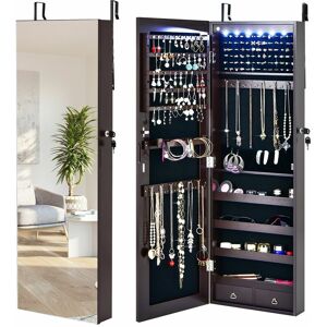 COSTWAY Led Lights Jewelry Cabinet Lockable Wall/Door Mounted Jewelry Armoire w/ Mirror