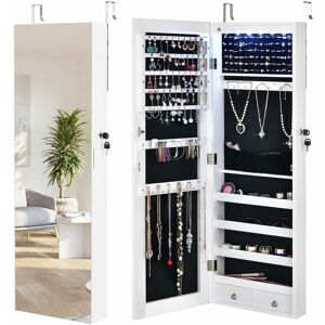 COSTWAY Led Lights Jewelry Cabinet Lockable Wall/Door Mounted Jewelry Armoire w/ Mirror