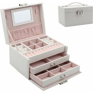 NORCKS Women's 3 Tier Jewellery Box, Lockable PU Leather Jewellery Organiser with 2 Drawers and Mirror, Jewellery Storage for Rings, Earrings,