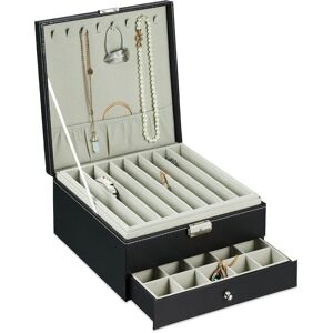 Jewellery Box, Faux Leather, Ring Organiser, Necklace Holder, Tray Insert & Drawer, hwd 13 x 26 x 26 cm, Black - Relaxdays