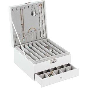 Jewellery Box, Faux Leather, Ring Organiser, Necklace Holder, Tray Insert & Drawer, hwd 13 x 26 x 26 cm, White - Relaxdays