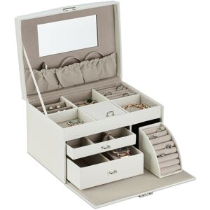 Jewellery Box with Mirror, Jewellery Storage, Ring Drawer, HxWxD: 18 x 26.5 x 19 cm, Removable Tray, White - Relaxdays