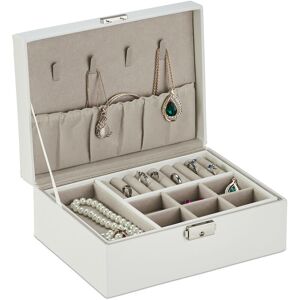 Jewellery Box, Jewellery Storage with Ring Holder, HxWxD: 9.5 x 23 x 17.5 cm, Removable Tray, White - Relaxdays