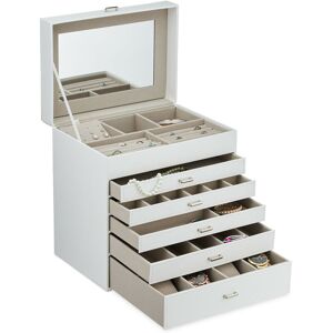 Relaxdays Jewellery Box, with Mirror, Jewellery Storage, Ring Drawer, HxWxD: 18 x 26.5 x 19 cm, Removable Tray, White