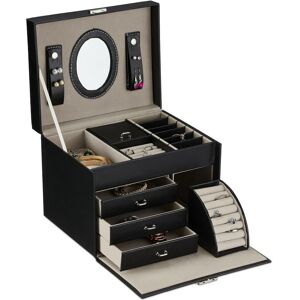 Jewellery Box with Mirror, Jewellery Storage, Ring Drawer, HxWxD: 18.5 x 24 x 19 cm, Removable Tray, Black - Relaxdays