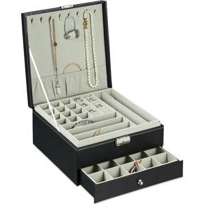 Jewellery Organiser, Faux Leather Effect, Ring Holder, Tray Insert & Drawer, hwd: 13 x 26 x 26 cm, Black - Relaxdays