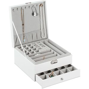 Jewellery Organiser, Faux Leather Effect, Ring Holder, Tray Insert & Drawer, hwd: 13 x 26 x 26 cm, White - Relaxdays