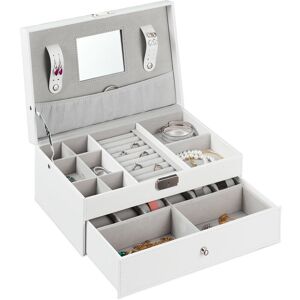 Jewellery Organiser, Large Case with Drawer, Ring & Watch Holder, hwd 13.5 x 31.5 x 20 cm, Faux Leather, White - Relaxdays