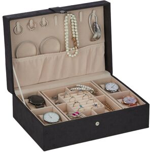 Jewellery Organiser with Lid, Leather Look, Velvet, Jewelry Box for Ladies & Gents, hwd: 10x29x20 cm, Black - Relaxdays