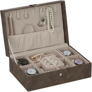 Jewellery Organiser with Lid, Leather Look, Velvet, Jewelry Box for Ladies & Gents, hwd: 10x29x20 cm, Brown - Relaxdays