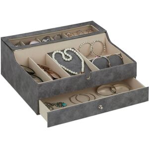 Jewellery Organiser with Lid, Leather Look, Velvet, Jewelry Box for Ladies & Gents, hwd: 13 x 34 x 31cm, Grey - Relaxdays