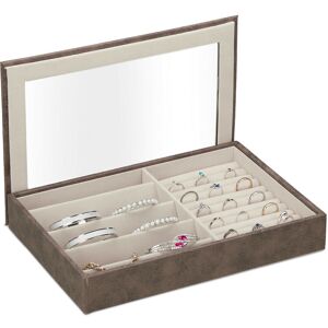 Relaxdays Jewellery Organiser with Lid, Leather Look, Velvet, Jewelry Box for Ladies & Gents, HWD: 5 x 30 x 21 cm, Brown