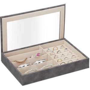 Jewellery Organiser with Lid, Leather Look, Velvet, Jewelry Box for Ladies & Gents, hwd: 5 x 30 x 21 cm, Grey - Relaxdays