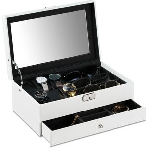 Jewellery Organiser, with Window & Drawer, for Glasses & Watches, hwd: 13 x 33 x 20.5 cm, Leather Look, White - Relaxdays