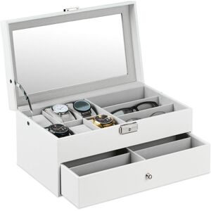 Jewellery Box, Large Organiser with Drawer, Storage for Glasses & Watches, Holder, 15.5 x 33.5 x 19 cm, White - Relaxdays