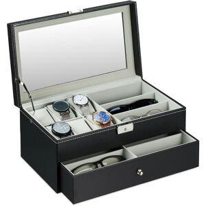Jewellery Box, Large Organiser with Drawer, Storage for Glasses & Watches, Holder, 15.5 x 33.5 x 19 cm, Black - Relaxdays