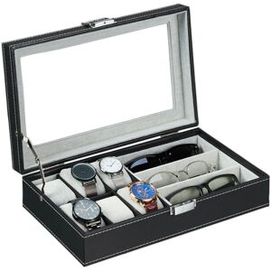 Jewellery Box, Leather Look, Storage for Bracelets, Glasses & Watches, Organiser, hwd: 9 x 33 x 20.5 cm, Black - Relaxdays