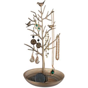 Jewellery Tree, Stand with Tray, h x w x d: approx. 30 x 16 x 15 cm, Metal, Gold - Relaxdays