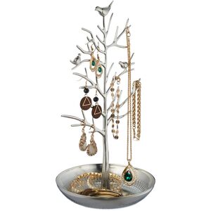 Relaxdays Jewellery Tree, Stand with Tray, H x W x D: approx. 30 x 16 x 15 cm, Metal, Silver