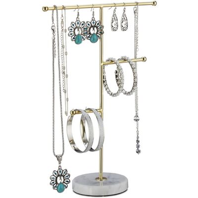 Relaxdays Jewellery Stand, Chains, Earrings, Bracelets, 3 Metal Bars, H X W X D 26 X 19 X 8 Cm, Iron, Marble, White/gold Relaxdays Jewellery Stand, Chains, Earrings, Bracelets, 3 Metal Bars, H X W X D 26 X 19 X 8 Cm, Iron, Marble, White/gold