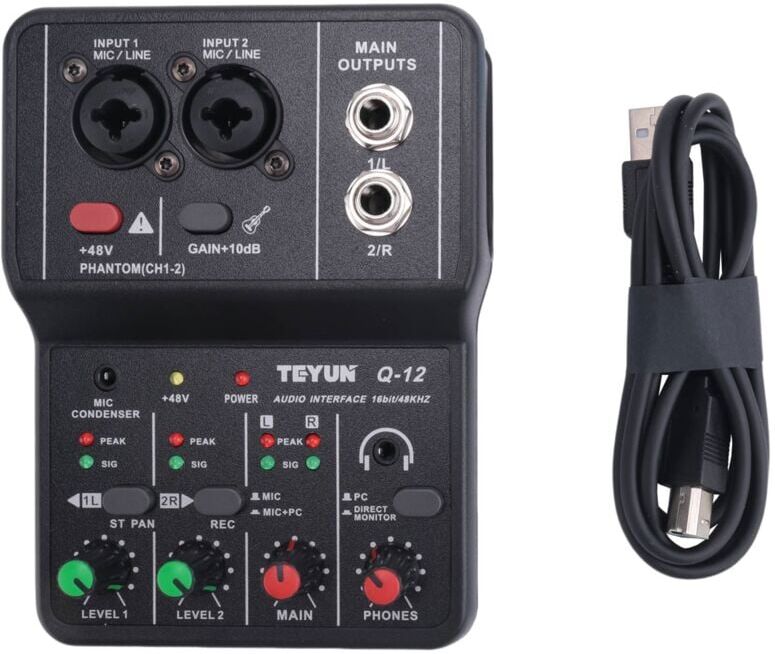 TLILY Q-12 Sound Card Audio Mixer Board Console Desk System Interface 4 Channel 48V Power Stereo Computer