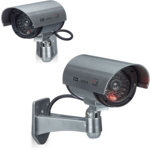 Dummy Camera, 2x Set, Flashing led Light, Indoor & Outdoor, Burglar Deterrent, Wireless, Silver - Relaxdays