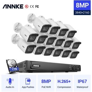 Annke - 4K 16 Channel PoE Security System with 16×Bullet Outdoor PoE ip Security Camera,EXIR 2.0 Night Vision, Built-in Microphone & sd Card Slot