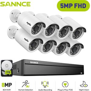 SANNCE Super HD 5MP PoE Security Outdoor IP Camera 4K H.265+ PoE NVR Video 16CH Audio Video Surveillance System 8Camera - 1TB HDD