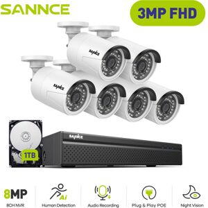 Sannce - 3MP Outdoor Surveillance Kit 6×IP Cameras Smart ir Night Vision, Wired Surveillance Camera Kit Motion Detection 1TB Sannce - 3MP Outdoor Surveillance Kit 6×IP Cameras Smart ir Night Vision, Wired Surveillance Camera Kit Motion Detection 1TB