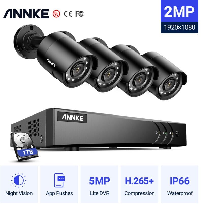 Annke - 1080P hd tvi ir Night Vision Bullet Security Camera Surveillance System 4Camera 3K hd 5 in 1 H.265+ Video Security System cctv Kit - 1TB hdd