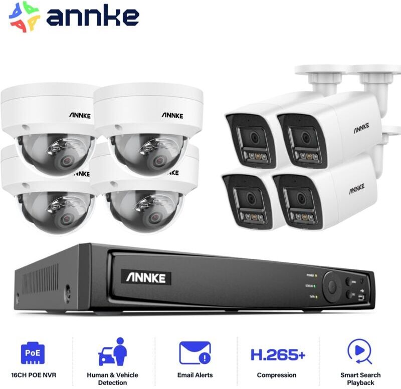 ANNKE 12MP Outdoor CCTV System, 16CH NVR with 8X 12MP PoE IP Cameras, Color Night Vision, Access Remote Surveillance Camera Kit, 4 Bullet + 4 Dome