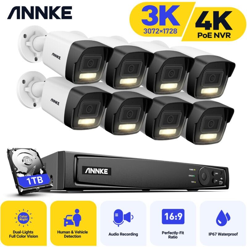 16 Channel 4K poe NVR,8MP cctv Network Video Recorder 3K PoE Video Surveillance Cameras System 8×Dome PoE Camera Kit -1TB hdd - Annke