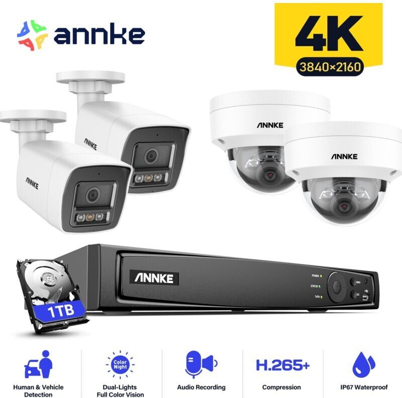 Annke - 16CH 4K PoE Security Camera System, 8MP 4 Bullet + 4 Dome Outdoor Surveillance Camera with Night Vision, 1TB