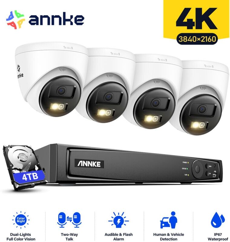 ANNKE 4K Outdoor Video Surveillance Kit 8CH nvr 4×Smart Dual Light Cameras 2-Way Audio, Night Vision, Email Alarm Wired Surveillance Camera Kit Remote