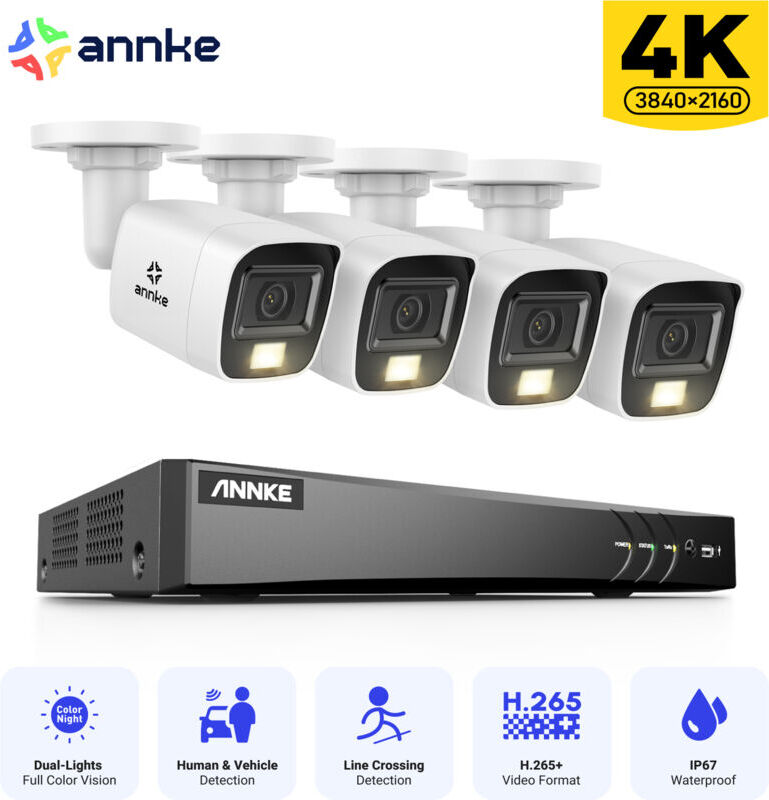 Annke - 4K Wired Outdoor Video Surveillance Kit 8CH dvr, 4 x 8MP Cameras, Color and ir Night Vision, Remote Access Security System, No hdd