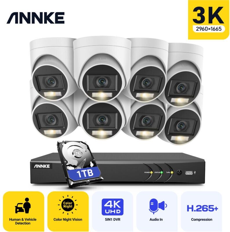 Annke - 8MP Ultra hd 8CH Security H.265+ Video Surveillance dvr Smart Home 3K hd Security Camera System Kit Waterproof Night Vision 8Camera Kit -1TB