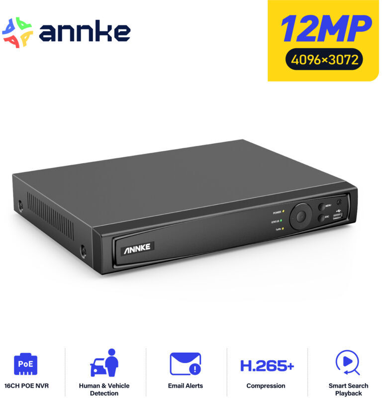 Annke - 8MP Ultra hd poe Video Security System 4K H.265+ 16CH nvr 24/7 Surveillance Recording Motion Detection Supports 8MP/5MP ip Camera - no hdd