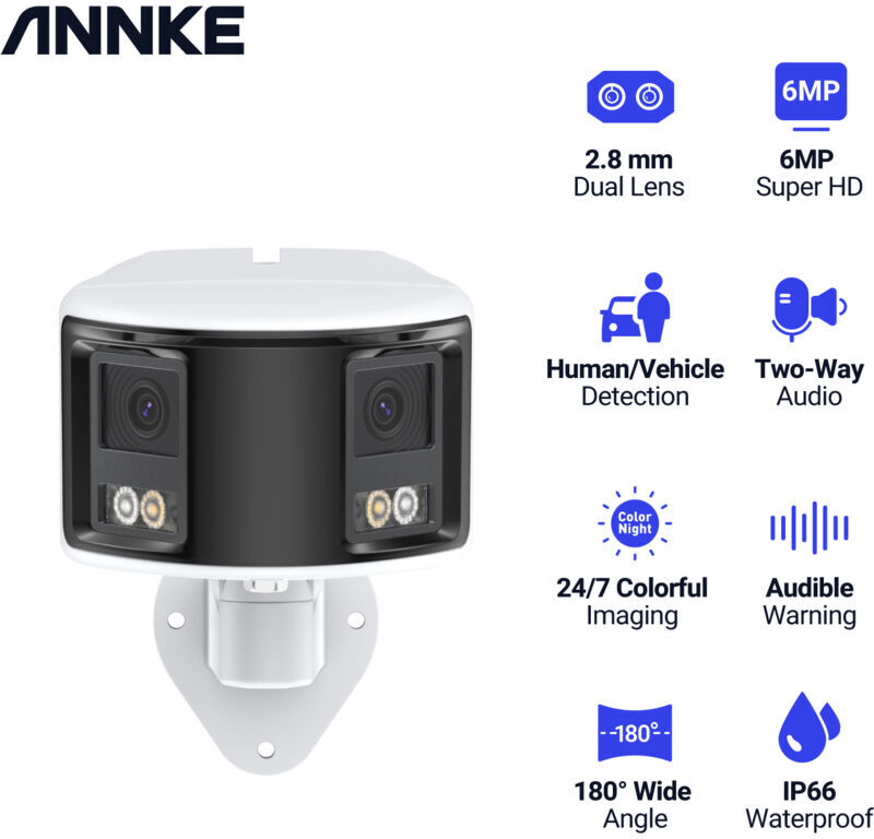 Annke - Outdoor PoE Security Camera for 180° Wide fov 6MP Dual-Lens Surveillance Cam Color Night Vision Two Way Audio ip Camera