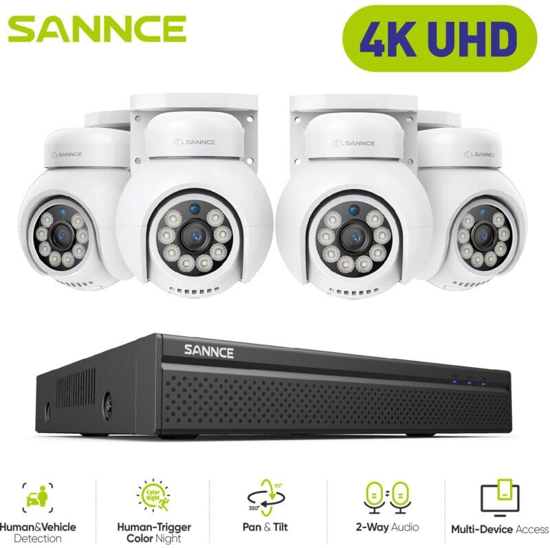 SANNCE 4K PT PoE Security Camera System,4 PT IP Cameras,2-Way Audio,24/7 Video Surveillance,0TB HDD