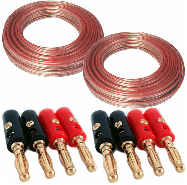 LOOPS 2x 10m (33 ft) & 8x Banana Plugs 0.75mm Speaker Cable 19 awg Home Cinema Hi-Fi Audio Surround Sound cca Wire Reel