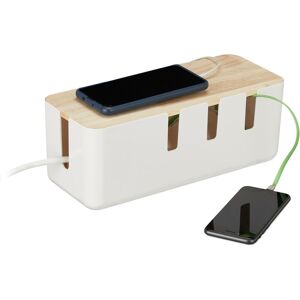 Cable Box, for Socket Outlet Strips, Hides Cables, h x w x d: 11.5 x 30 x 12.5 cm, Plastic & Wood, White - Relaxdays