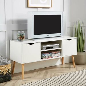 BODEN Tv Stand Entertainment Cabinet White 2 Door Cable Tidy Solid Wood Legs Scandi - White