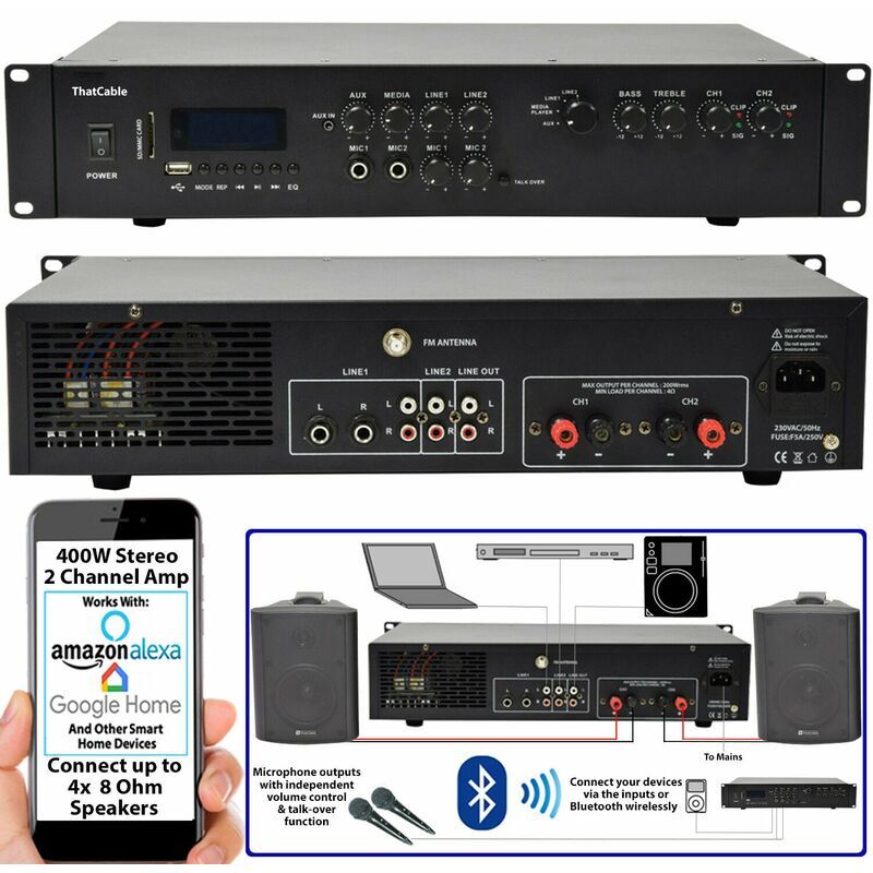 Loops - 400W Stereo Bluetooth Amplifier 2 Channel Mixer HiFi Amp Wireless Loudspeaker