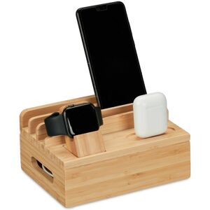 Charging Station, Tablet & Smartphone, iPhone, Apple Watch, h x w x d: 11 x 17 x 13, Bamboo, Natural - Relaxdays