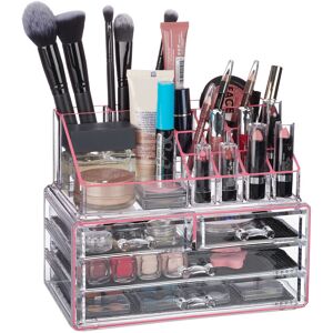 Relaxdays Makeup Organizer with 4 Drawers, Cosmetics Holder for Nail Polish and Lipstick, Makeup Kit, Pink Stripes