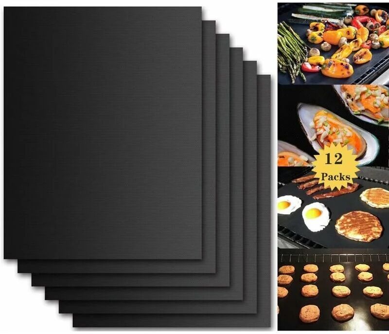 HOOPZI Barbecue Cooking Mat, Set of 12 Barbecue and Oven Baking Sheets - 40 33 cm BBQ Non-Stick and Reusable Baking Sheets for gas, charcoal or electric